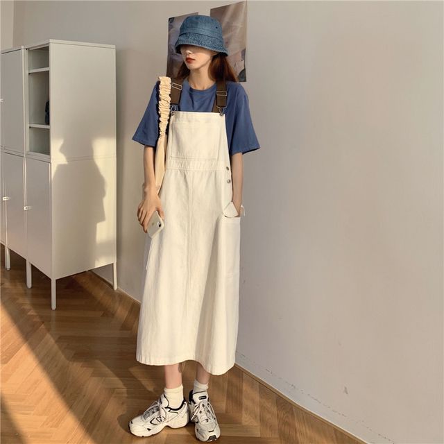 Happy Bird - Plain Elbow-Sleeve T-Shirt / Denim Midi Overall Dress |  YesStyle