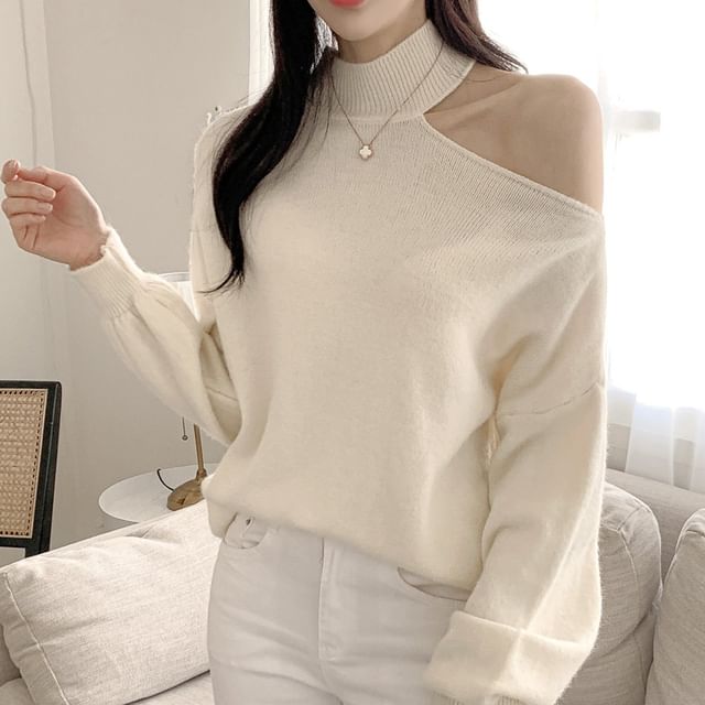 Coris-Mock Neck Cutout Plain Sweater