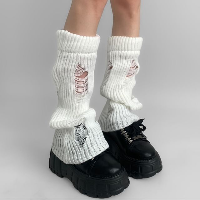Desperim-Plain Distressed Ribbed Knit Leg Warmers