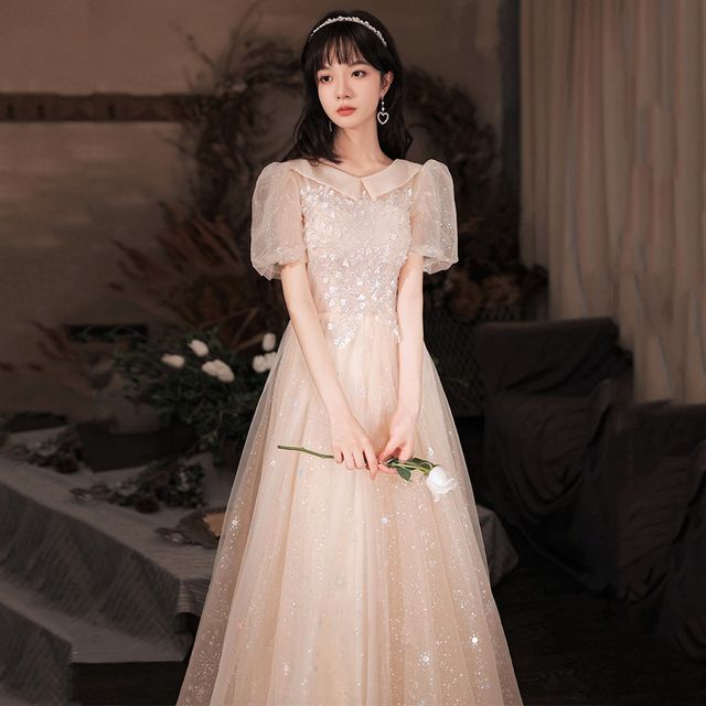 Ferim - Puff-Sleeve Embellished Mesh Cocktail Dress (Various Designs)