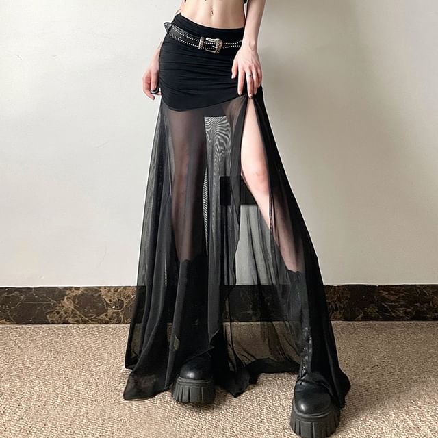 Sugarcoat-Mid Rise Plain Sheer Panel Slit Maxi Skirt