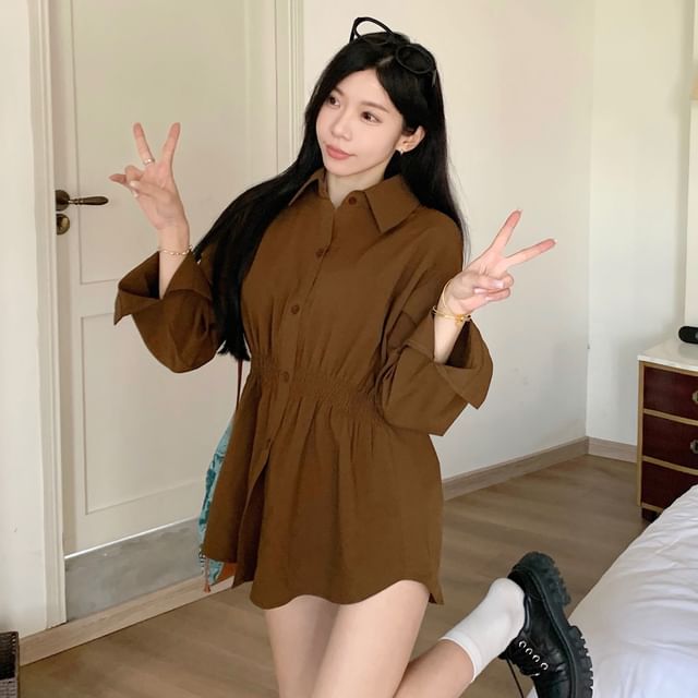 Sienne-Long-Sleeve Cinched Plain Shirt
