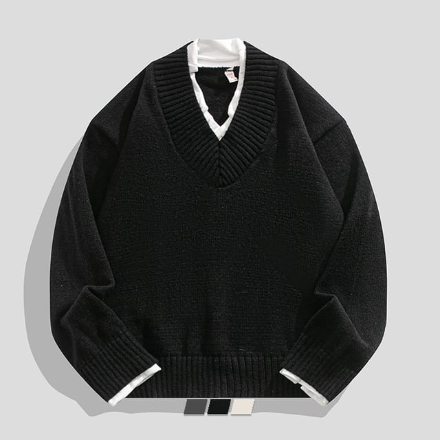 purplelouve-V-neck Mock Two Piece Sweater
