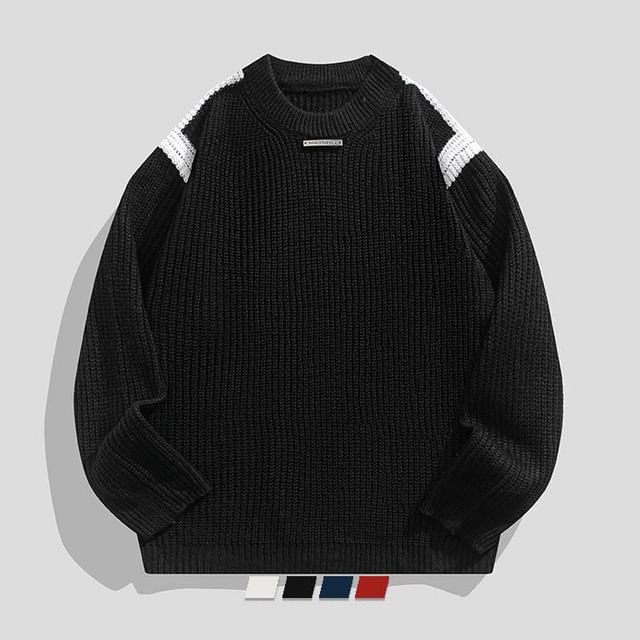 purplelouve-Round Neck Two Tone Sweater