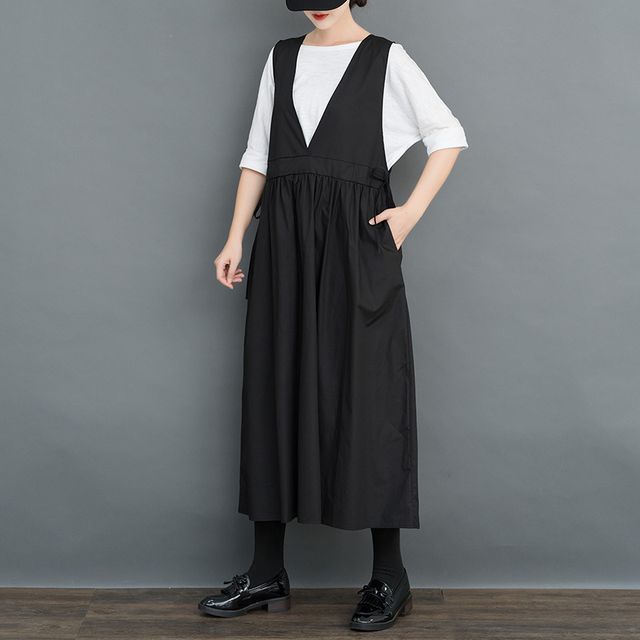Lewwe - V-Neck Plain Drawstring Waist Midi Jumper Dress | YesStyle