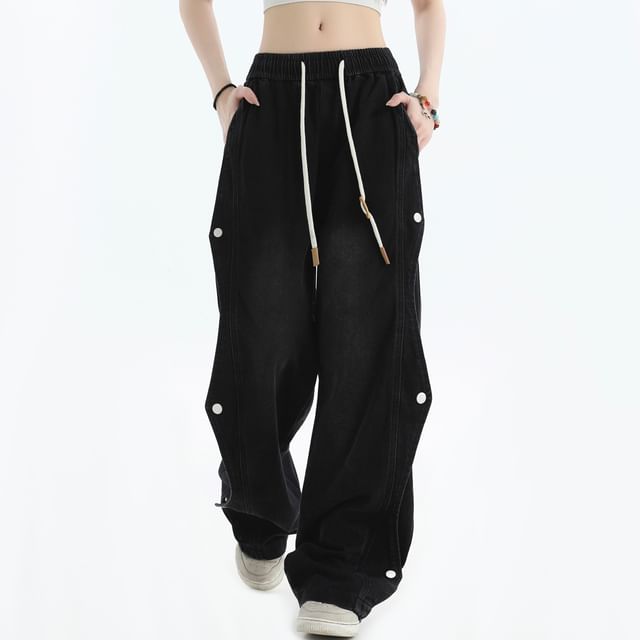 INStudio-Drawstring Waist Snap Buttoned Wide Leg Jeans