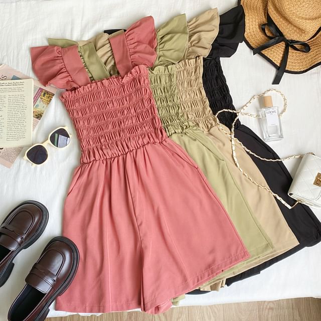 Iasia-Sleeveless Square Neck Plain Shirred Ruffle Romper
