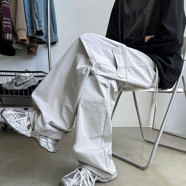 Fushet-Elastic Waist Plain Cargo Wide Leg Pants