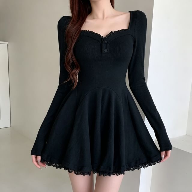 PINPI - Long-Sleeve Sweetheart Neck A-Line Ruffle Mini Dress