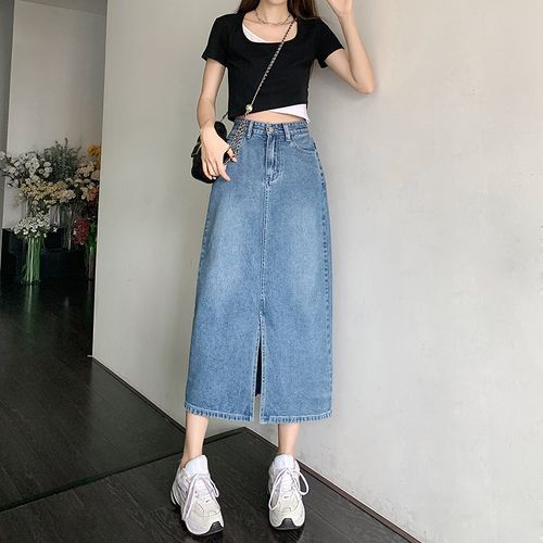 Washed Midi A-Line Denim Skirt