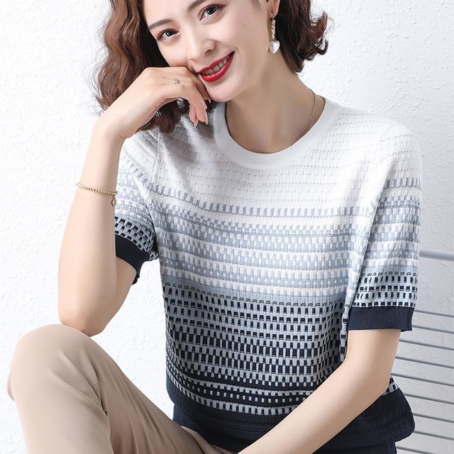 Everose-Short-Sleeve round Neck Striped Knit Top