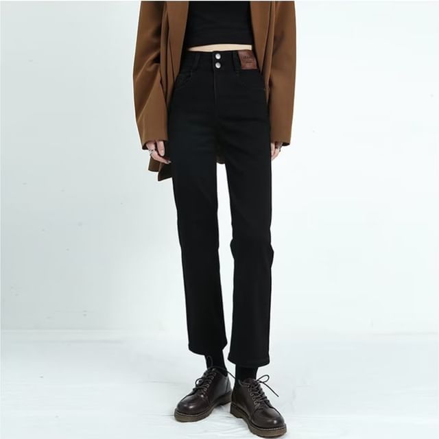 Wildfoea-High Rise Plain Cropped Straight Leg Jeans
