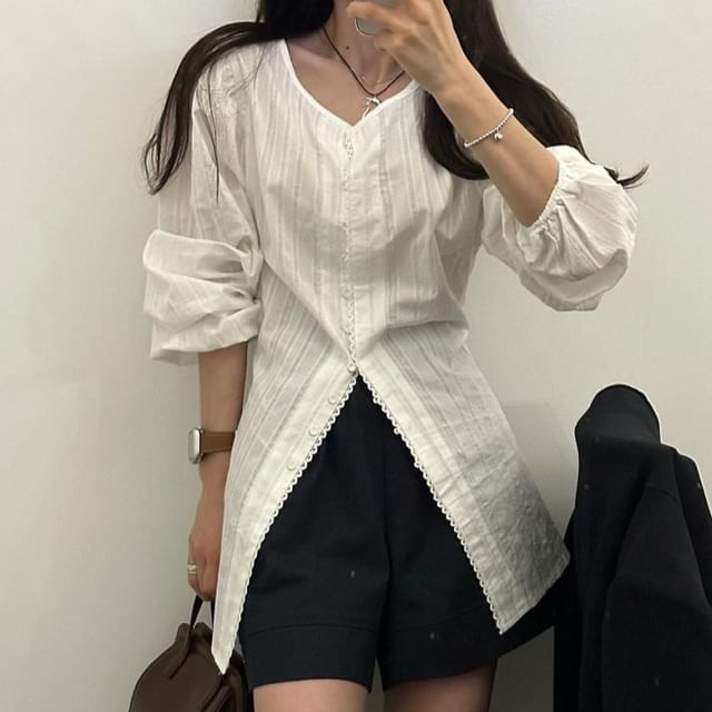Coris-Long Sleeve Crew Neck Striped Blouse
