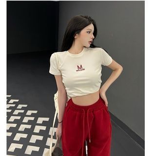NENE - Short-Sleeve Round Neck Lettering Crop T-Shirt / Drawstring Waist  Baggy Sweatpants