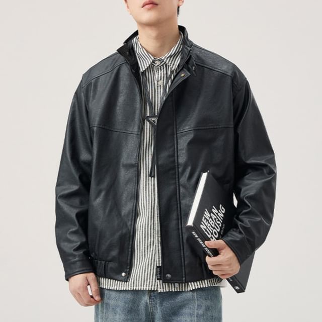 Lefitt-Faux Leather Collared Zip-Up Jacket