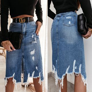 Bolgivy - High Rise Washed Distressed Mini Denim Pencil Skirt | YesStyle