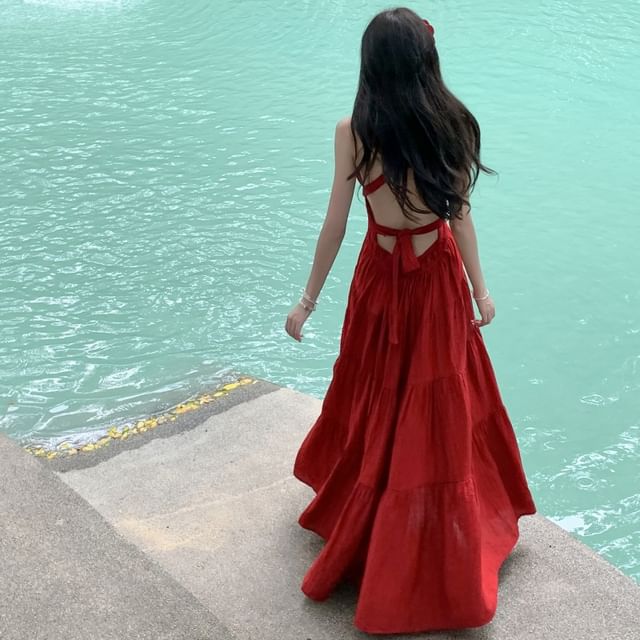 Fioridi-Sleeveless V-Neck Plain Open Back Maxi Sundress