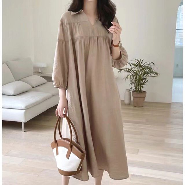 Onipixiy - Long-Sleeve Collared Plain Midi Smock Dress | YesStyle