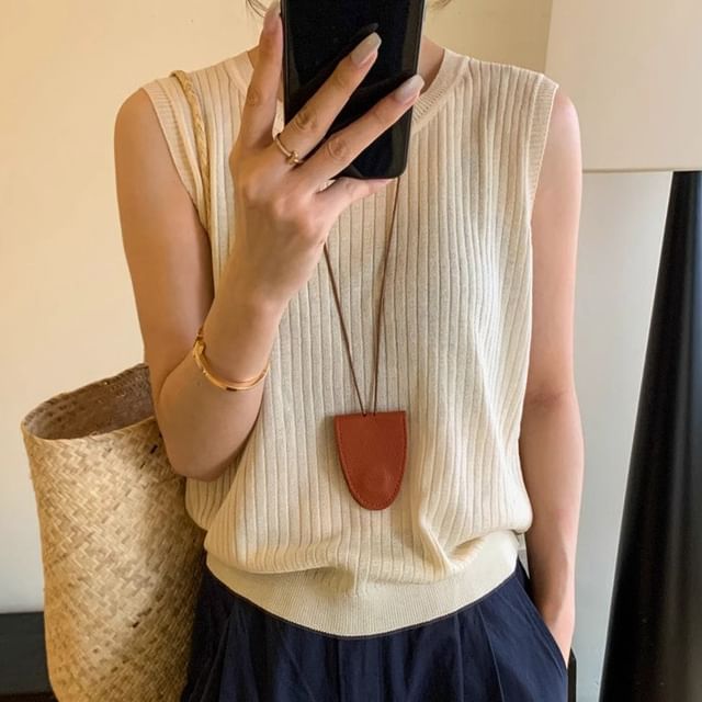 CRIBI-Crewneck Plain Knit Tank Top