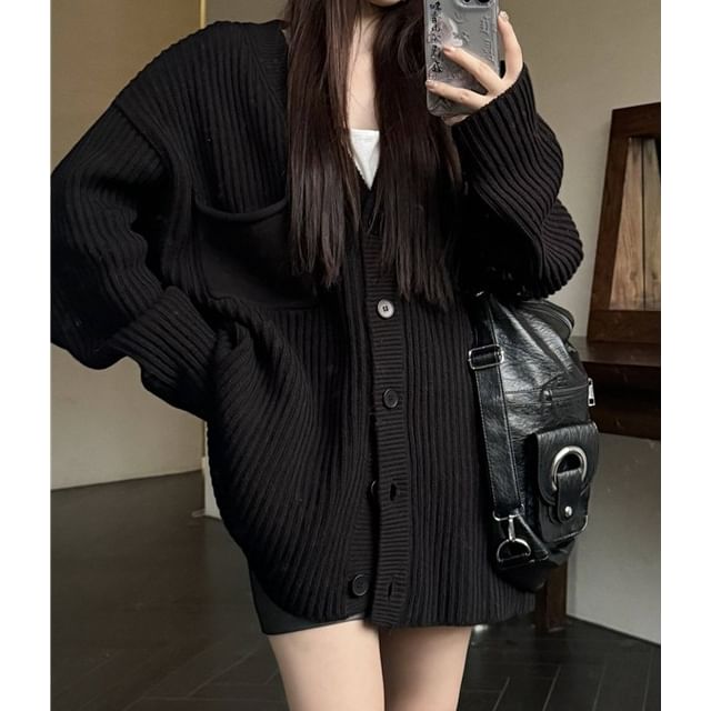 Trendycas-V-Neck Plain Ribbed Oversized Cardigan