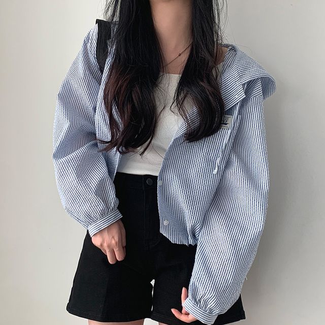 Coris-Striped Hooded Shacket