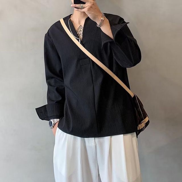 Ateso-Long-Sleeve Notch Neck Plain Shirt
