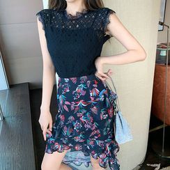 80PERCENT - Lace Panel Sleeveless Top / Camisole Top / Floral Ruffle Trim Midi Skirt / Set 80PERCENT - Lace Panel Sleeveless Top / Camisole Top / Floral Ruffle Trim Midi Skirt / Set