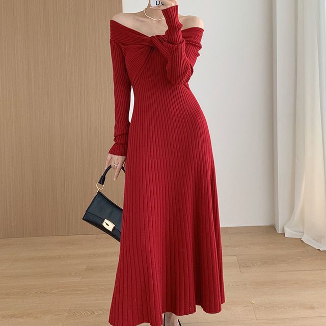 Hulkoplein - Off-Shoulder Long-Sleeve Plain Ribbed Knotted Midi A-Line Knit Dress | YesStyle Hulkoplein - Off-Shoulder Long-Sleeve Plain Ribbed Knotted Midi A-Line Knit Dress | YesStyle