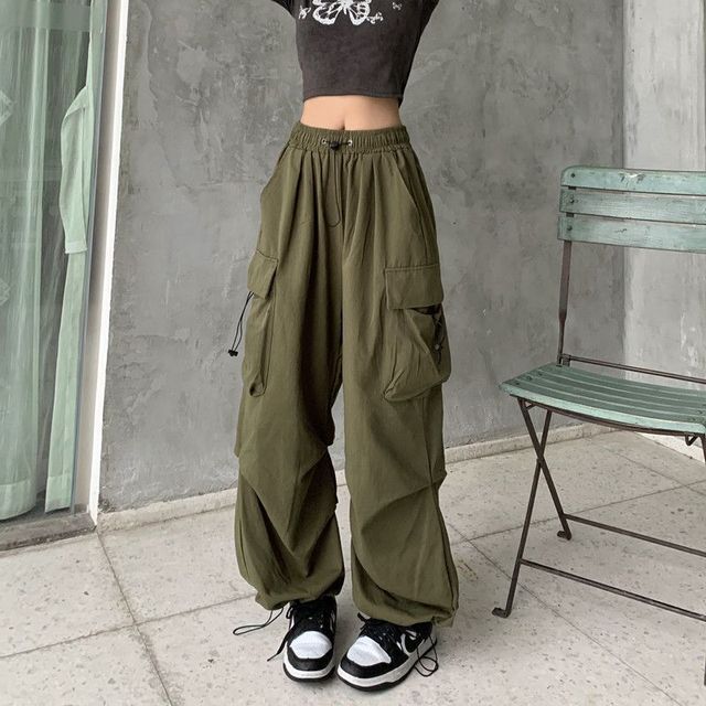 Hevnir-Drawstring Waist Plain Baggy Cargo Pants