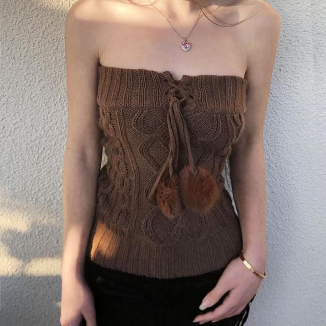 Honet-Cable Knitted Drawstring Tube Top