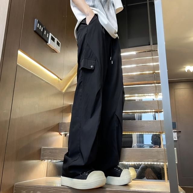 Lingaris-Drawstring Waist Plain Loose Fit Cargo Pants