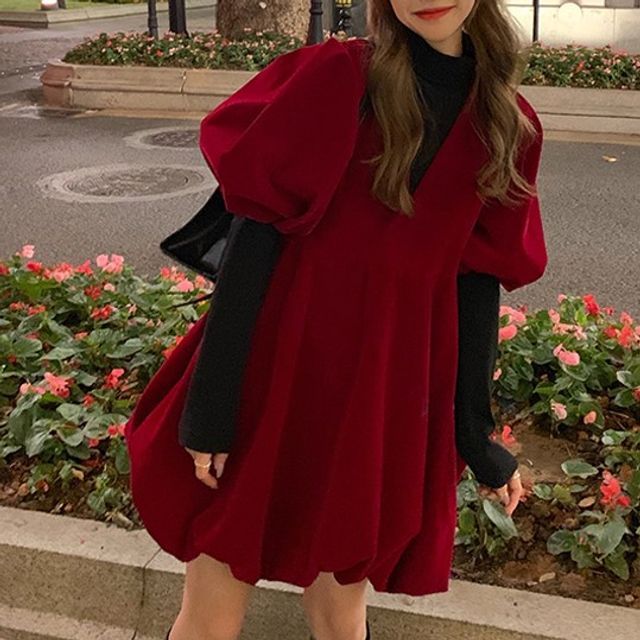 Pickxy - Short-Sleeve V-Neck Plain Mini A-Line Dress / Long-Sleeve Mock Neck T-Shirt | YesStyle