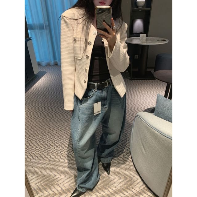SeoulPop-Plain Slim-Fit Tweed Jacket