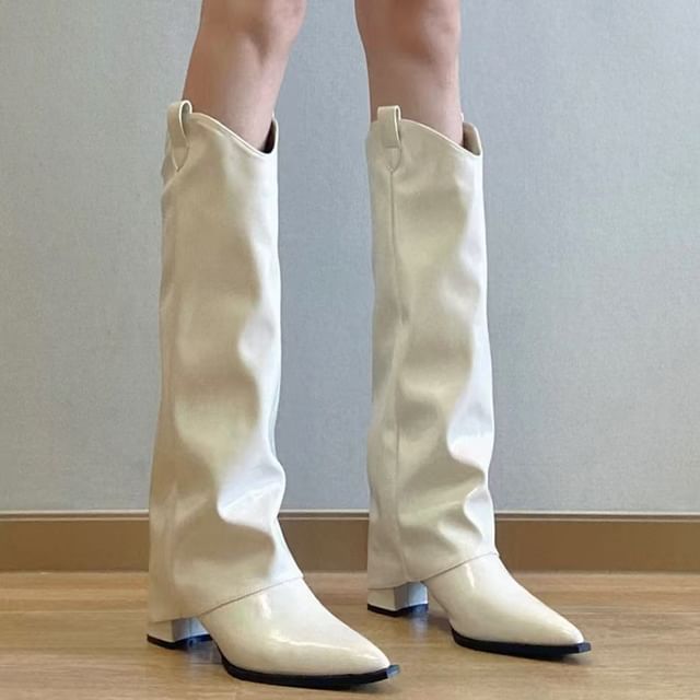 Vindler-Pointed Toe Panel Block Heel Knee High Boots