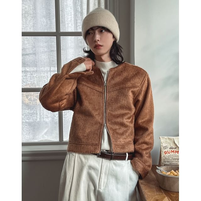 SeoulPop-Woolen Zip-Up Crop Jacket