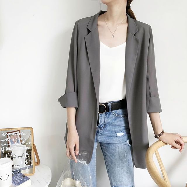 Lewwe-34-Sleeve Plain Open Front Blazer