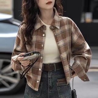 Happo-Plaid Button-Up Crop Shirt Jacket