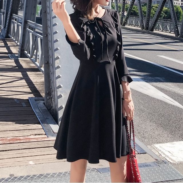 Elbelier - 3/4-Sleeve Round Neck Plain Bow A-Line Dress | YesStyle