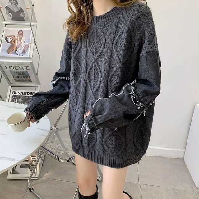 Sienne-Crewneck Cable Knit Plain Sweater