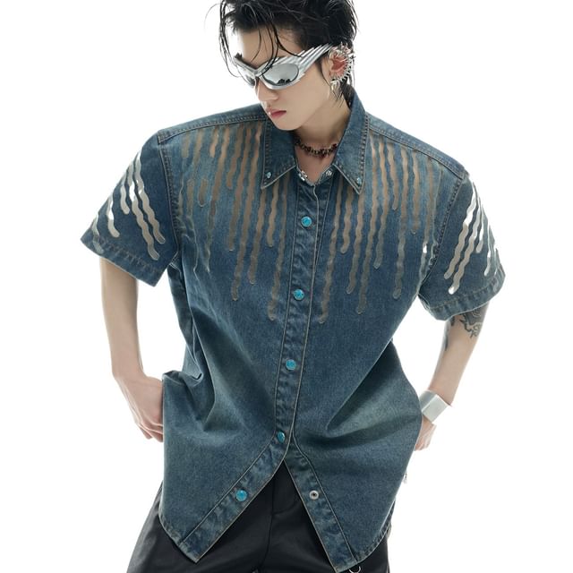 kooklay-Short Sleeve Collared Washed Panel Mesh Denim Shirt