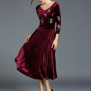 Aurora - 3/4-Sleeve Embroidered Velvet A-Line Midi Dress | YesStyle Aurora - 3/4-Sleeve Embroidered Velvet A-Line Midi Dress | YesStyle
