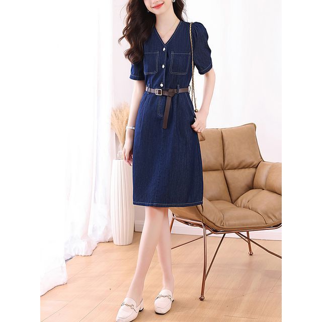 Cm.yaya Vintage Women Denim Dresses Single Breasted Short Sleeve