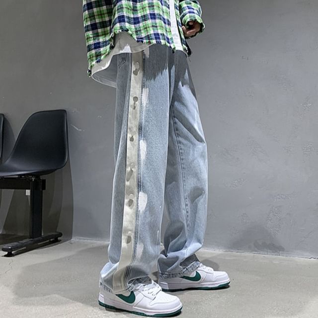 Macho-Mid Rise Paint Splatter Panel Button Straight Leg Jeans