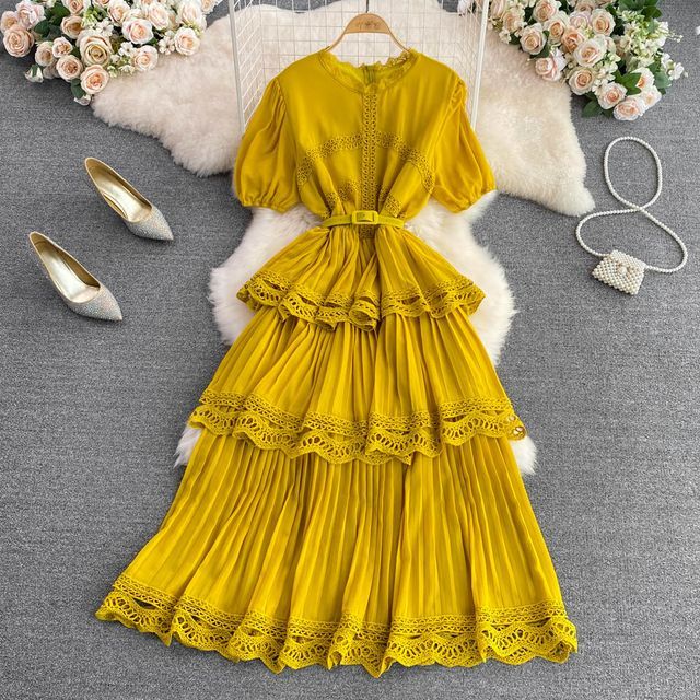 Yearnin - Short Sleeve Lace Trim Tiered Maxi Dress | YesStyle