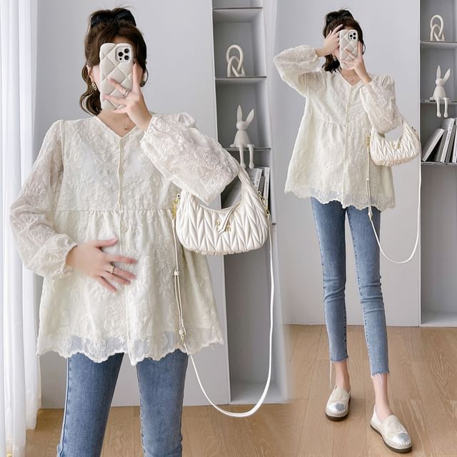 NEUF-Maternity Long-Sleeve Lace Flowy Blouse