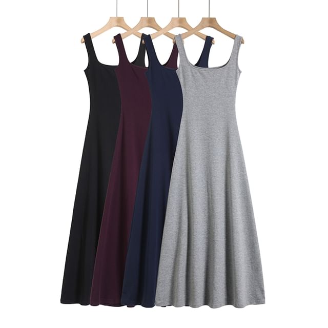 Ulark-Sleeveless Square-Neck Plain Midi A-Line Dress