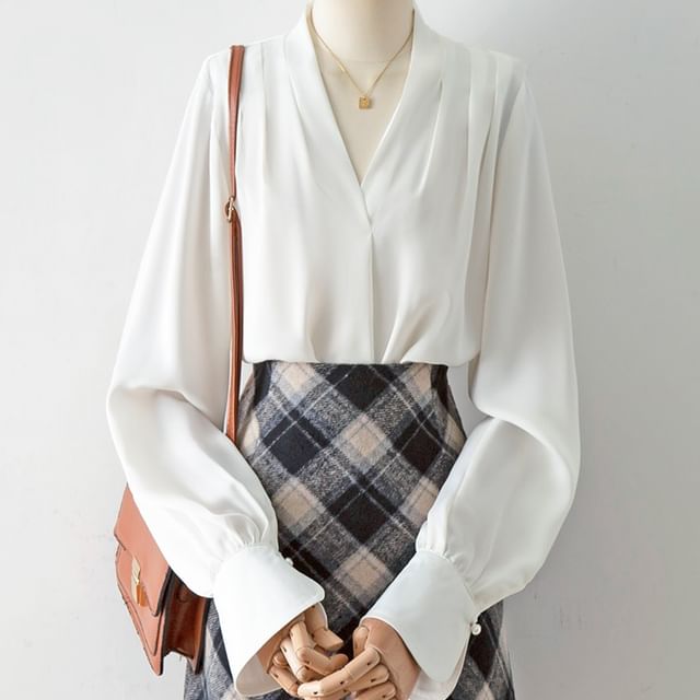 Cossita-Long-Sleeve V-Neck Plain Blouse