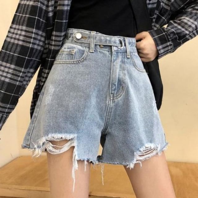 Sisyphi-High Waist Distressed Denim Shorts