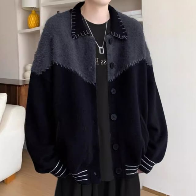 Savenne-Collared Contrast Stitching Button-Up Cardigan