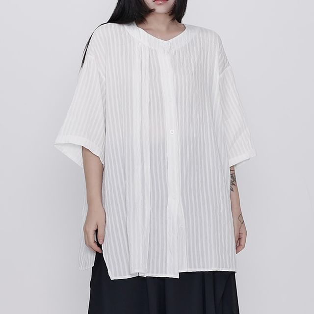 Ravenstem-34 Sleeve Crew Neck Plain Pleated Blouse